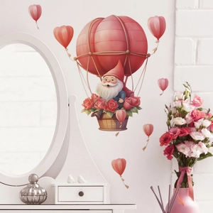 Romantic Valentine gnome wall sticker featuring a hot air balloon and pink roses decoration