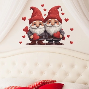 Detail showing Valentine's gnome wall stickers with red hearts on a bedroom headboard