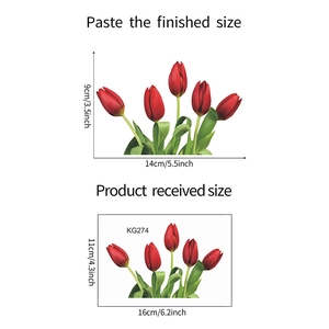 Detailed size guide for tulip wall stickers showing 14x9cm finished and 16x11cm sheet size