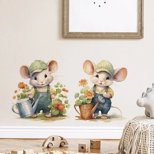 Watercolor mouse gardener wall stickers in children nursery room with light tones