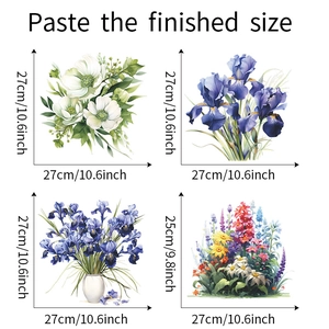Detail view showing four hand-painted floral wall sticker patterns with specific dimensions