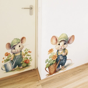 Cartoon gardening mouse wall stickers with blue overalls and watering cans for room decor