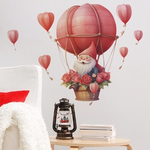 Valentine gnome in hot air balloon wall decal with roses and pink heart stickers