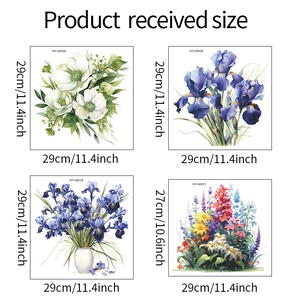 Set of four tropical floral wall stickers showing dimensions of 29x29cm for home decoration