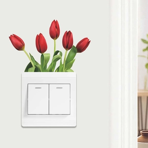 Romantic red tulip wall sticker decorating a modern white double light switch panel