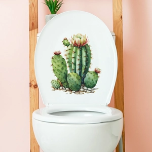 Detail of watercolor tropical cactus and flower wall decals on a white toilet lid