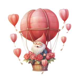 Valentine's Day gnome in hot air balloon wall sticker with roses for home decor
