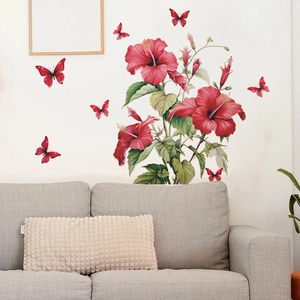 Self-adhesive wall stickers with red hibiscus flowers and butterflies for living room decor