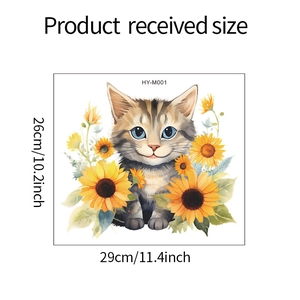 Detailed view of cat and sunflower wall sticker dimensions with 26x29cm size labels