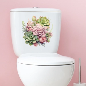 Tropical succulents and pink roses self-adhesive waterproof wall stickers for toilet décor