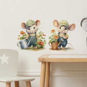 Cartoon mice gardening wall sticker for nursery room with watercolor effect on white wall