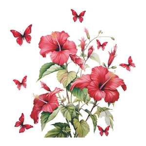 Tropical red hibiscus flowers and butterflies self-adhesive wall stickers for home decor