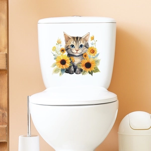 Self-adhesive watercolor cat and sunflower wall sticker for bathroom decor