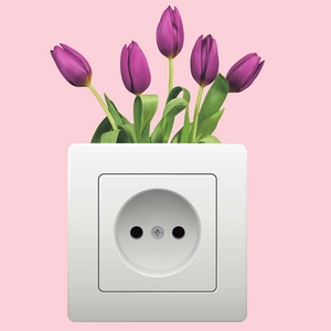 European standard F-type power socket with purple tulip decor on a pink background