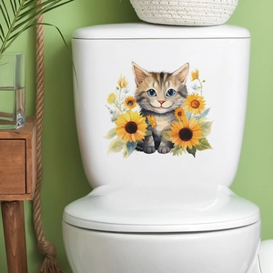 Cartoon cat and sunflower self-adhesive wall decal on a white ceramic toilet tank