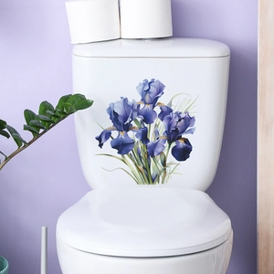 Tropical blue iris flower wall stickers for bathroom toilet decor, self-adhesive floral decals
