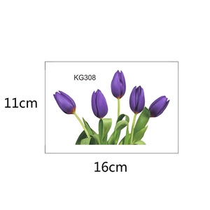 Detail view of purple tulip wall decals with green leaves for home decor, size 11x16cm
