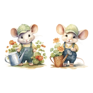 Cute mouse gardener wall stickers with watering cans and flowers for kids bedroom decor