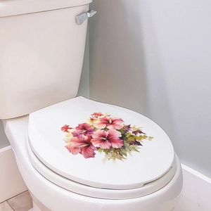 Adhesive bathroom sticker with vibrant tropical hibiscus flowers for toilet lid decor