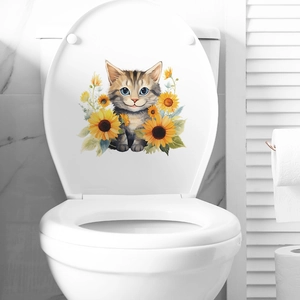 Self-adhesive toilet lid sticker featuring a cute cartoon cat and sunflowers decoration