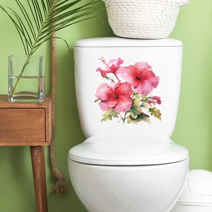Macro detail of waterproof hibiscus flower wall stickers applied to a toilet tank