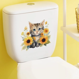 Cute Cartoon Cat Sunflower Self-Adhesive PVC Wall Sticker Removable Toilet Lid Decal For Bathroom Home Decorative Sticker