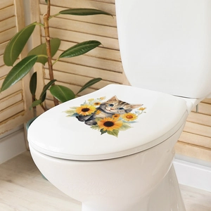 Self-adhesive cartoon cat and sunflower wall decal applied on a white toilet lid