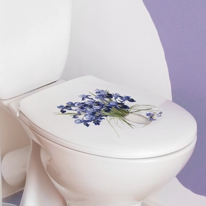 Detail of waterproof tropical floral toilet sticker with blue iris bouquet in a vase