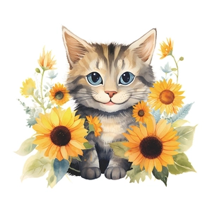 Watercolor cartoon kitten with yellow sunflowers wall decal for kids bedroom decoration