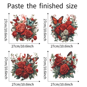 Detailed size chart showing four romantic red rose and butterfly wall sticker designs