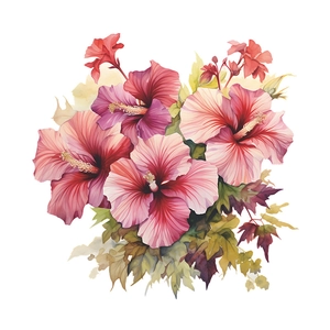 Close-up of watercolor hibiscus flower wall stickers with soft pink and green leaf details