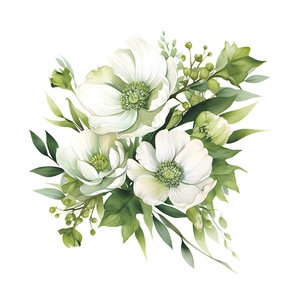 Detail of floral wall sticker featuring white blossoms and lush green leaves