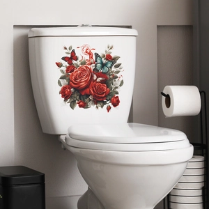 Detail of red rose and butterfly waterproof stickers on a white ceramic toilet tank