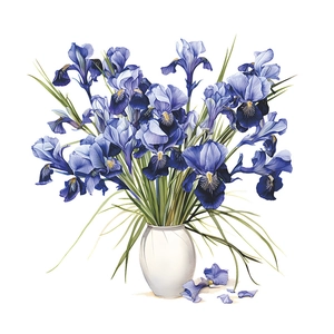 Detail of blue iris watercolor wall sticker in white ceramic vase on plain background