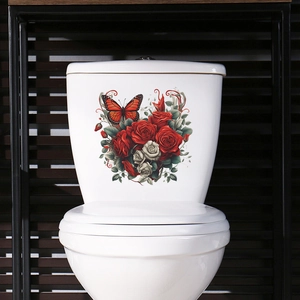 Detail of red and white roses with butterfly wall sticker on white toilet tank surface
