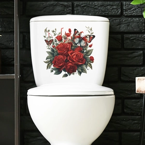 Detailed view of red rose and butterfly waterproof PVC sticker on a white toilet tank