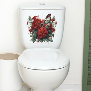 Detail shot of red rose and butterfly waterproof PVC sticker on a white toilet tank