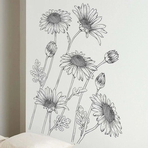 Minimalist black hand-drawn daisy wall stickers for bedroom home decor on white wall