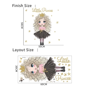 Cartoon little princess wall sticker layout dimensions showing 30x60cm and 58x55cm finish size
