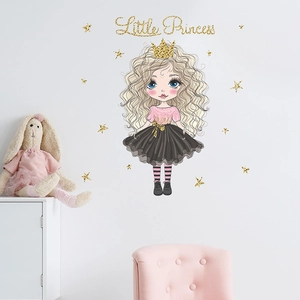 Cartoon Little Princess wall sticker set with golden stars for kids bedroom decor