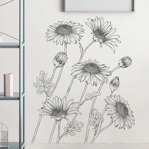Artistic daisy wall decals with sketch style flower and leaf patterns for home decor