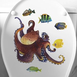 Luminous cartoon octopus and fish toilet lid stickers with glow-in-the-dark ocean theme