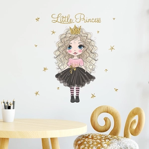 Cartoon princess wall sticker with Little Princess text and gold stars for kids room decoration
