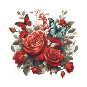 Detail showing vibrant red roses and colorful butterflies stickers for home decor