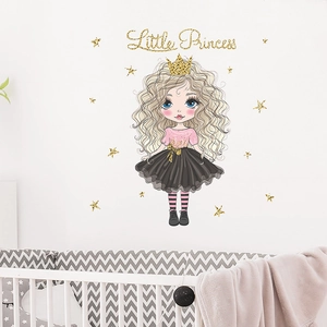 Cartoon Little Princess Wall Sticker Golden Crown Girl Stars PVC Removable Decal For Children Bedroom Nursery Home Decor