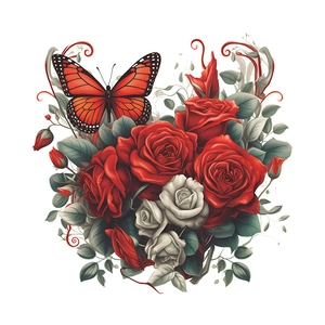 Detailed botanical wall sticker featuring red roses, white flowers and a monarch butterfly