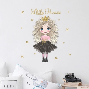 Cartoon Little Princess wall sticker set with gold stars for kids bedroom decor