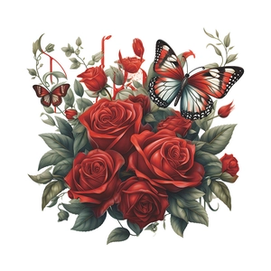Detailed close-up of red rose wall stickers with green leaves and butterflies