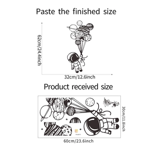 Detailed view showing astronaut wall sticker dimensions and DIY layout for home decor