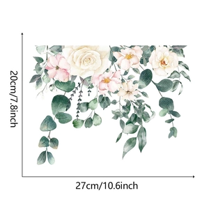 Detail view of tropical plant wall decal with white rose and eucalyptus leaves size dimensions